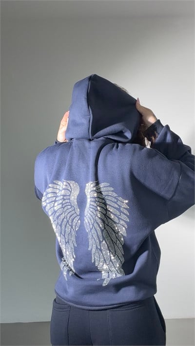 Wings Rhinestone Sweatshirt Navy Blue