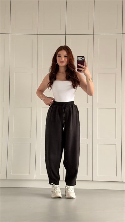 Tencel Elastic Waist Carrot Fit Pants Black