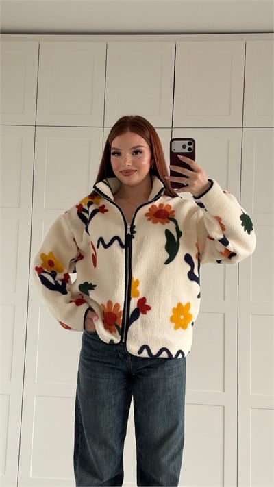Plush Oversize Zip-Up Jacket Floral