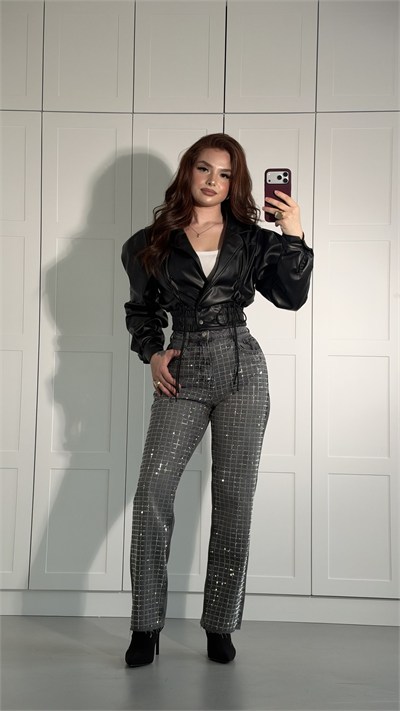 Square Rhinestone Sparkle Jeans Grey