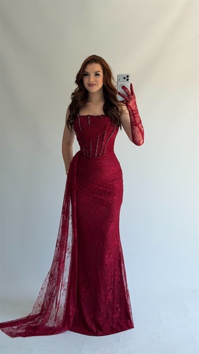 Lorea Dantel Abiye Bordo