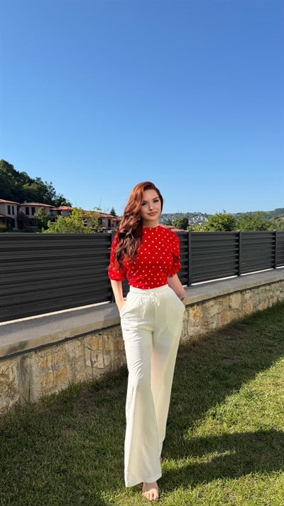 Yüksek Bel Keten Pantolon Beyaz