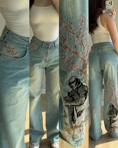 Sakura Nakış Mavi Pantolon