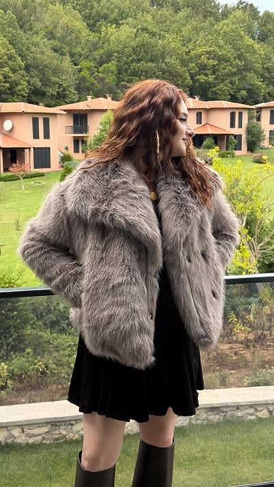 Şal Yaka Oversize Kürk Gri