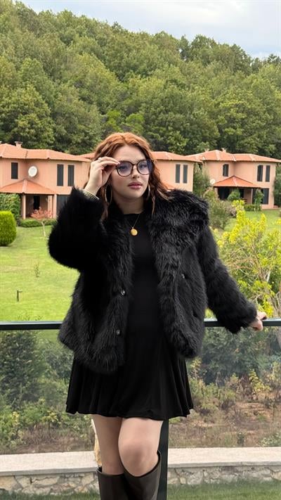 Şal Yaka Oversize Kürk Siyah
