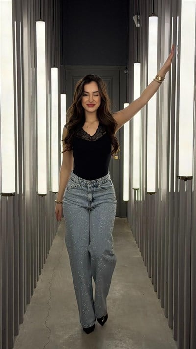 Star Parılıtılı Plazzo Pantolon  Buz Mavisi