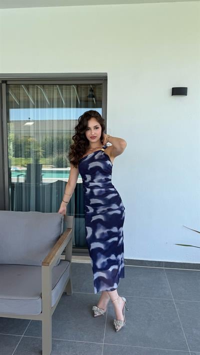 Tek Omuz Tokalı Drape Elbise Batik Mavi