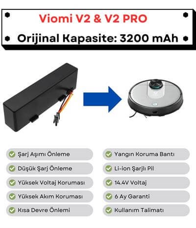 Viomi V2 V2 Pro Uyumlu Batarya 14.4V 3200 mAh Orijinal Kapasite Robot Süpürge Pili