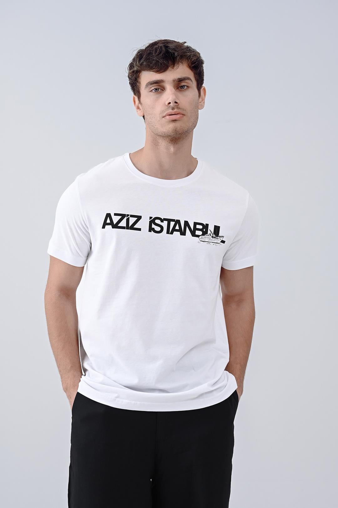 Aziz Istanbul Tasarım Pamuk Bisiklet Yaka Beyaz T-shirt 22'