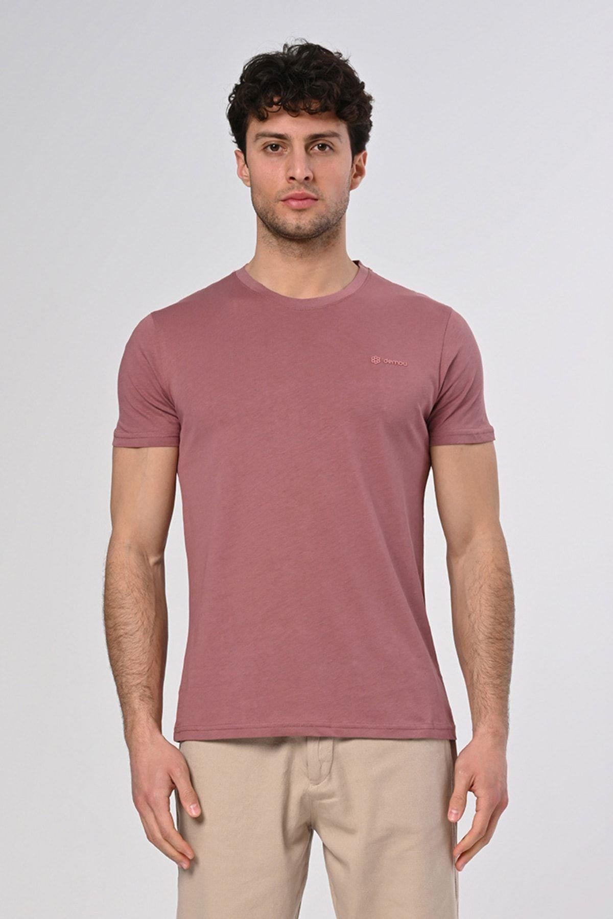 Punto Baskılı Pamuk Bisiklet Yaka Gül Kurusu T-shirt 23'