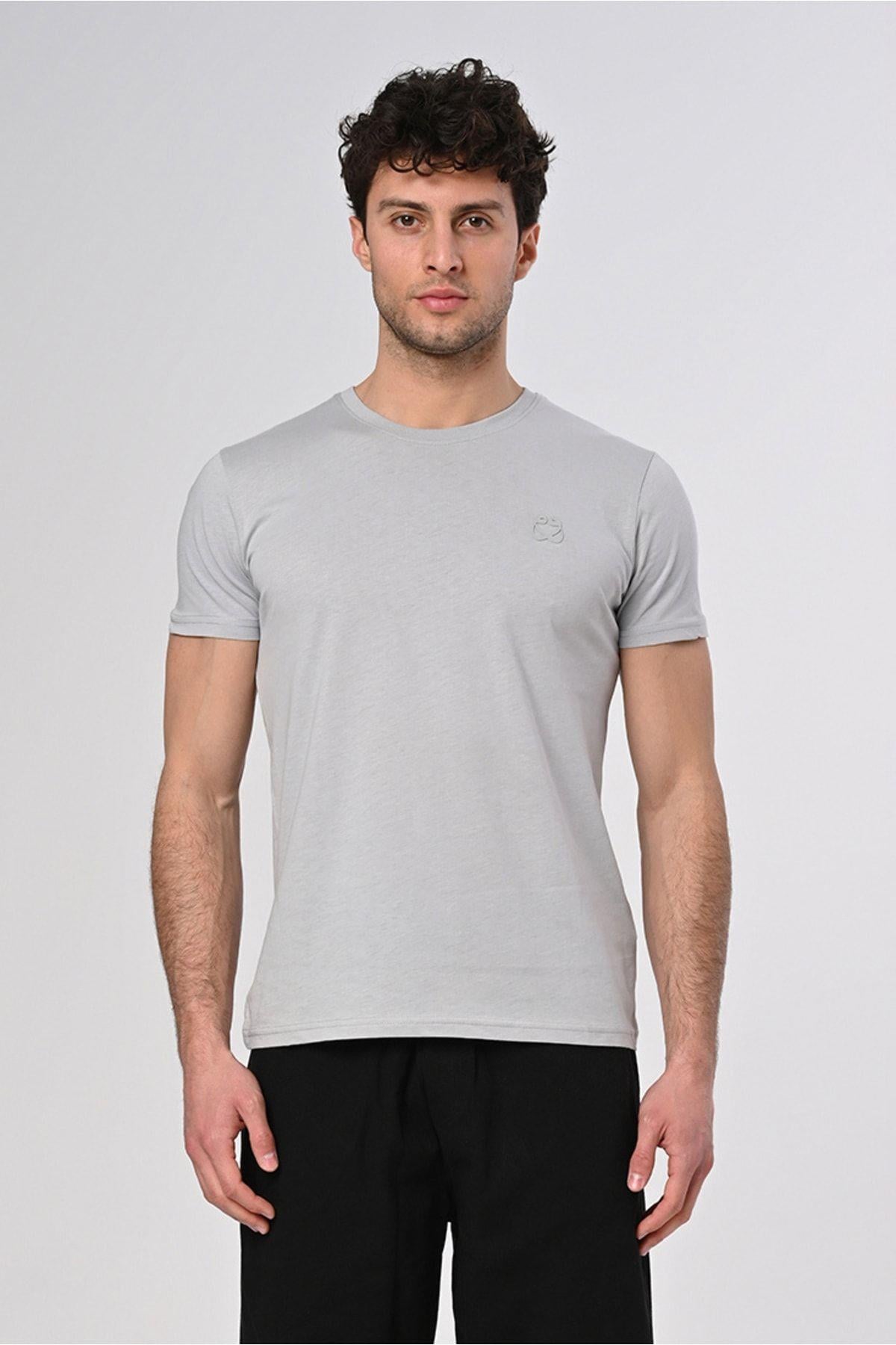 Vav Tasarım Punto Baskılı Pamuk Bisiklet Yaka Gri T-shirt 23'