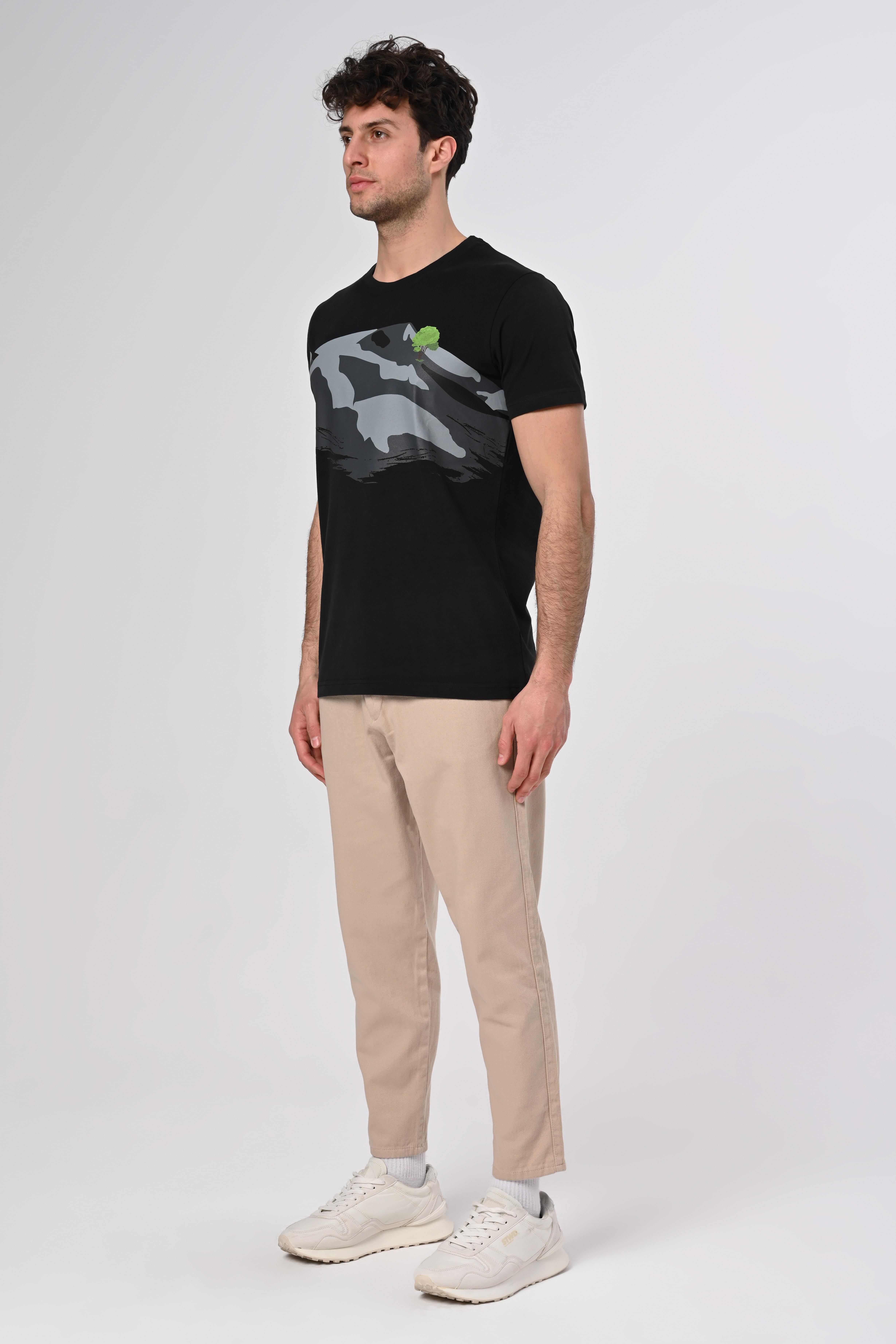 Yalnız Ağaç Tasarım Bisiklet Yaka Siyah Pamuk T-shirt 22'