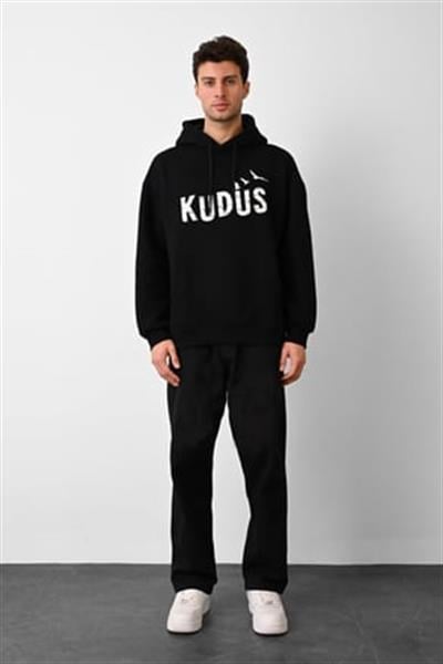 Kudüs Tasarım Kapüşonlu Siyah 3 İplik Şardonlu Sweat 24'