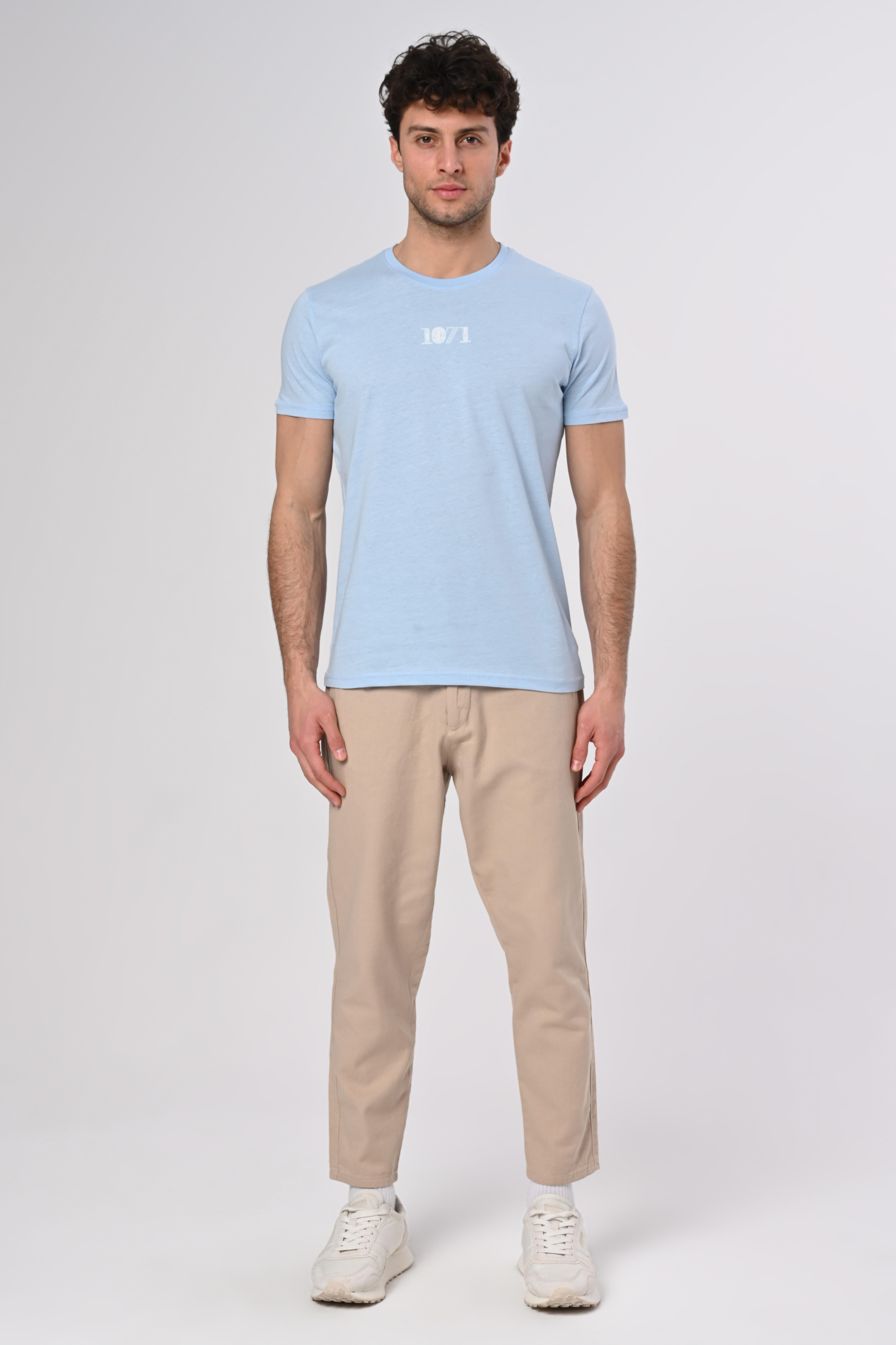1071 Tasarım Pamuk Bisiklet Yaka Mavi T-shirt 23'