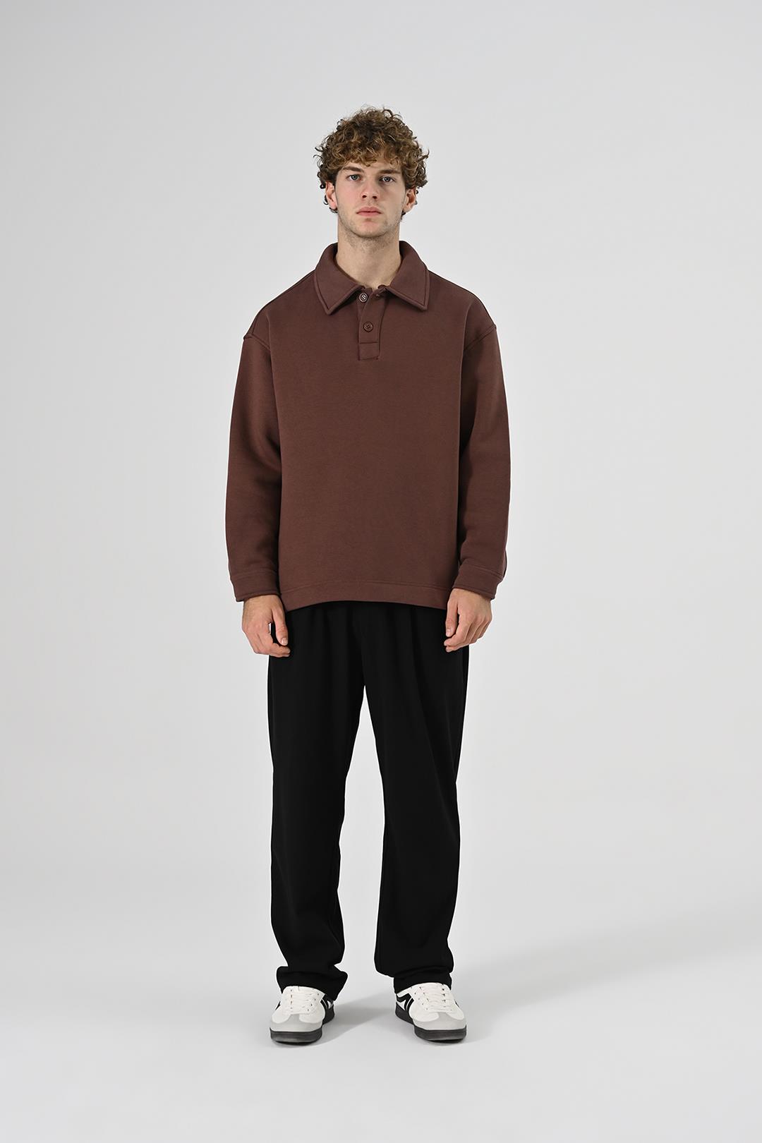 2 İplik Polo Yaka Sweatshirt Kahverengi