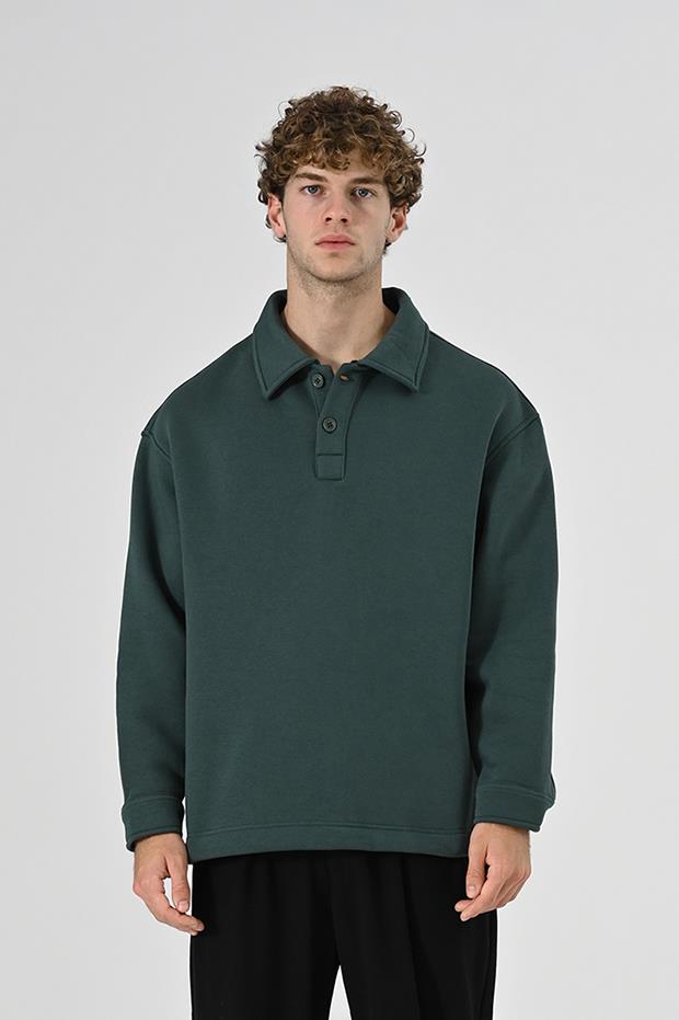 2 İplik Polo Yaka Sweatshirt Yeşil
