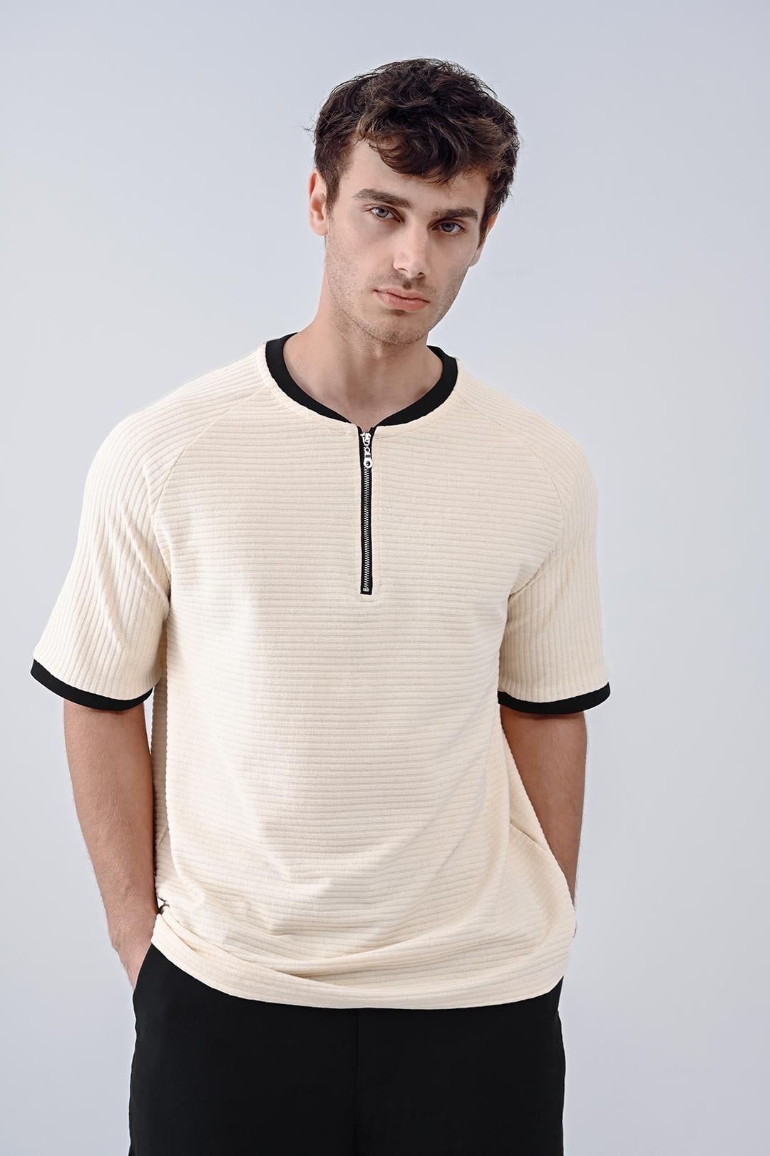 Fermuarlı Tişört Bej Ribanalı