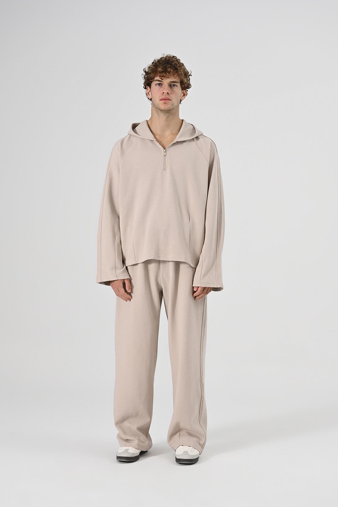 Kapüşon detaylı Pamuklu Oversize Sweatshirt - Beli Lastikli  Pamuklu Wide Leg Pantolon - Altüst Takım Bej