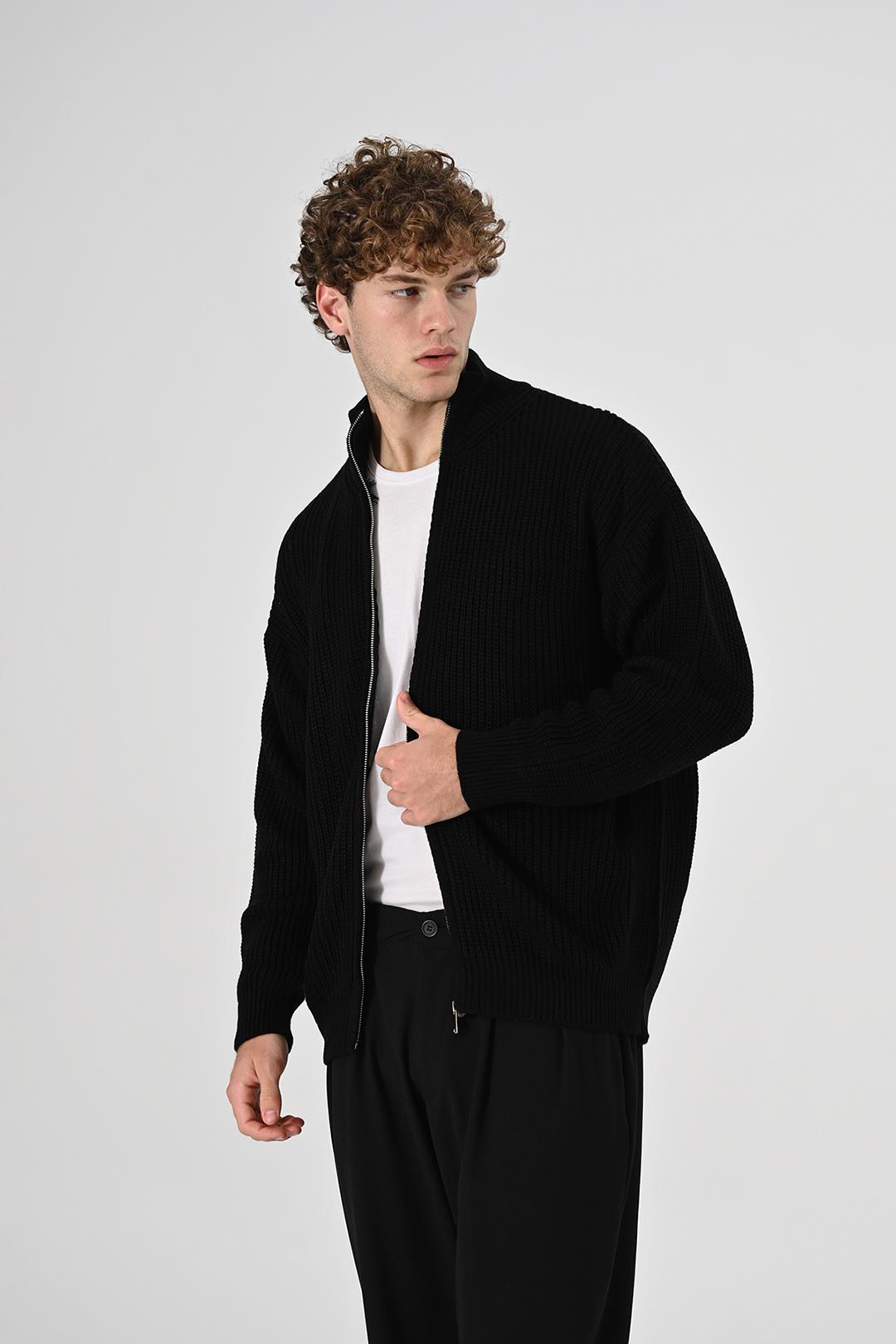 Oversize Fermuarlı Triko Hırka Siyah