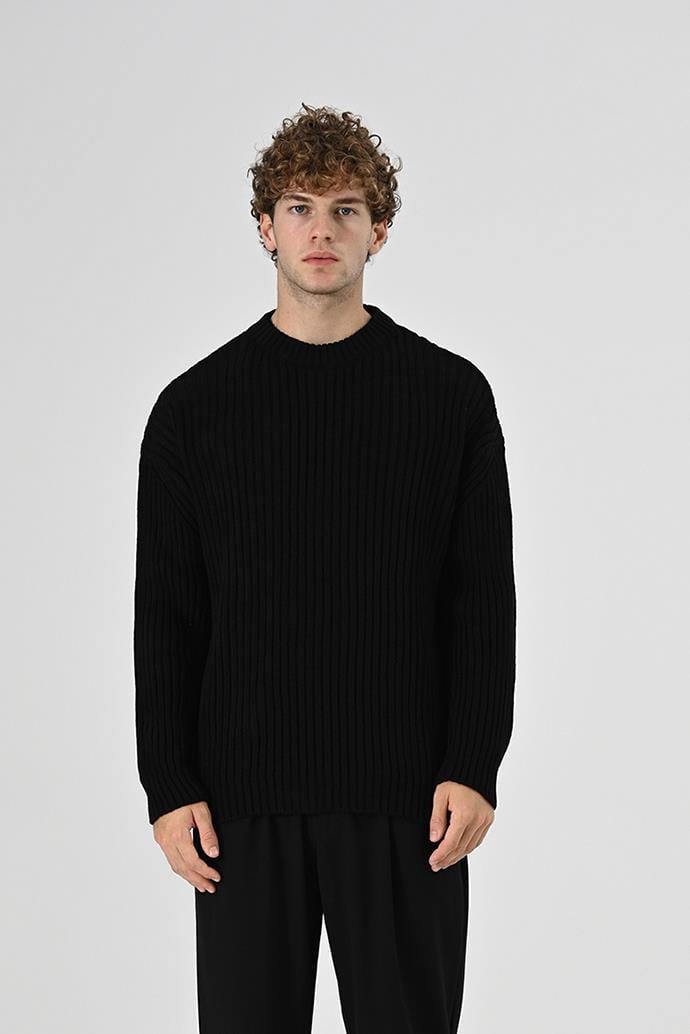 Oversize Kalın Fitilli Örme Kumaş Triko Kazak Siyah