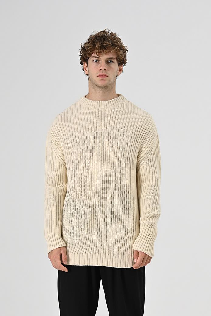 Oversize Kalın Fitilli Örme Kumaş Triko Kazak Bej