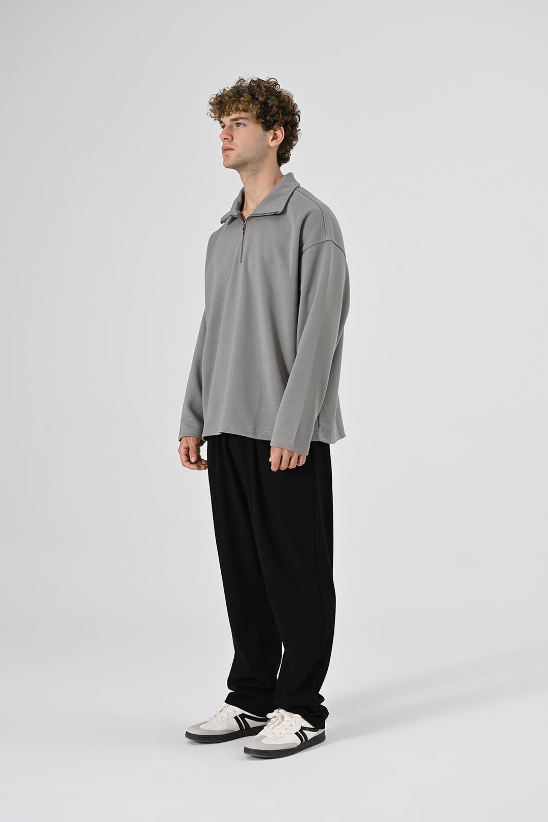 Oversize polo yaka sweatshirt Kazak Gri