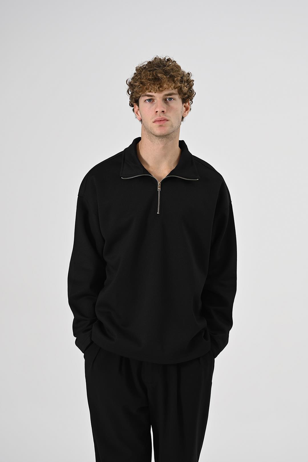 Oversize polo yaka sweatshirt Kazak Siyah