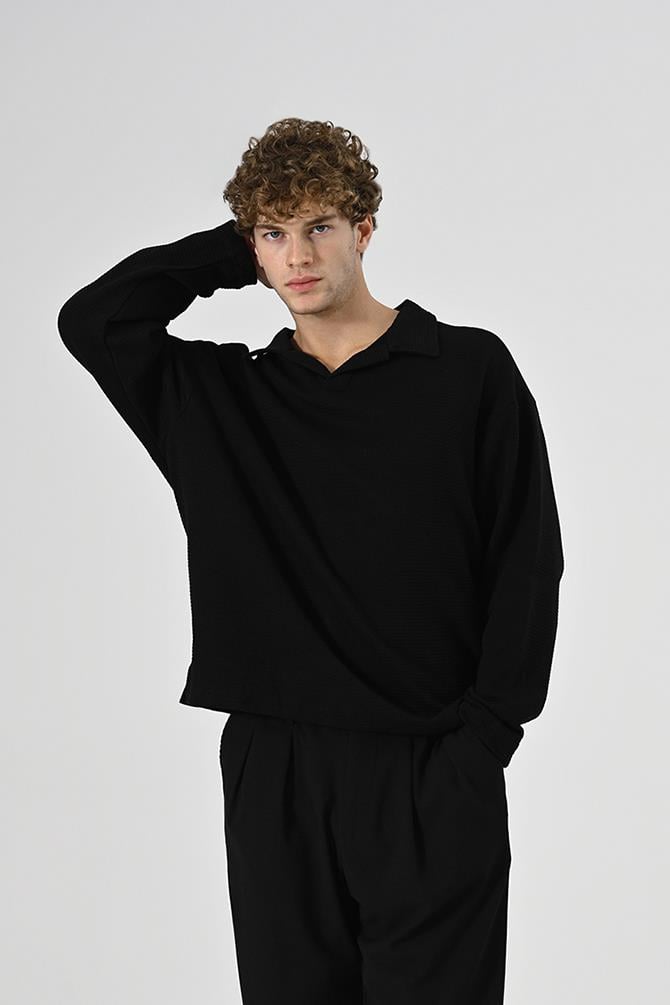 Polo Yaka Oversize Triko Kazak Siyah