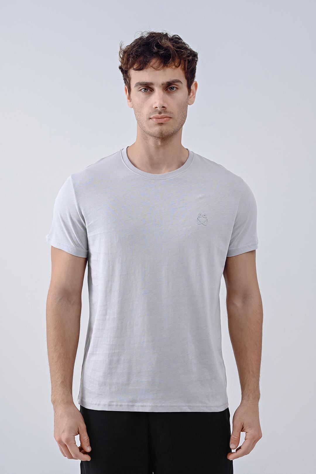 Punto Baskılı Pamuk Bisiklet Yaka Gri T-shirt 