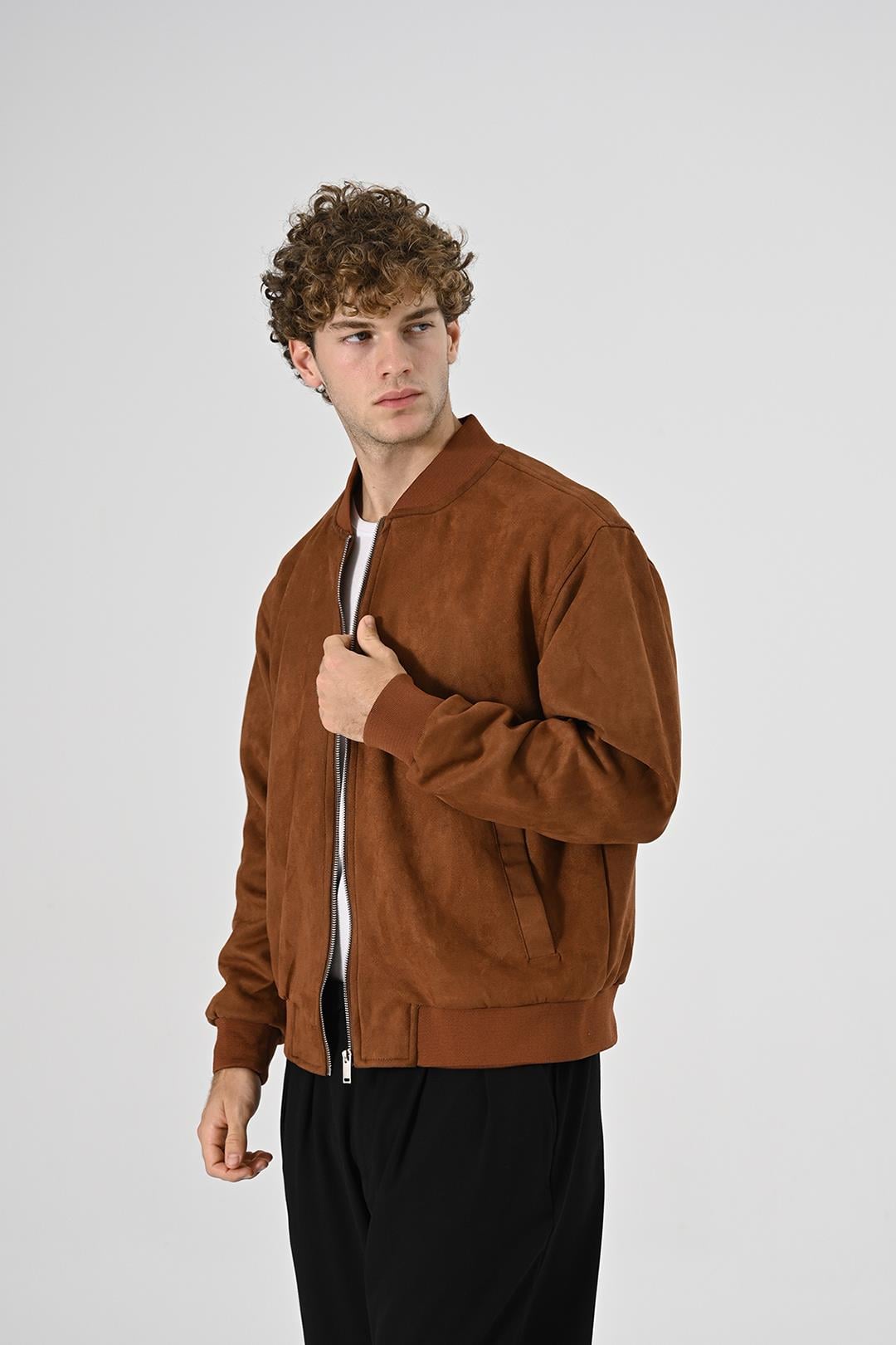 Slim Fit Kolej Yaka Fermuarlı Çift Cepli Mevsimlik Hafif İnce Süet Bomber Mont Ceket Kahverengi