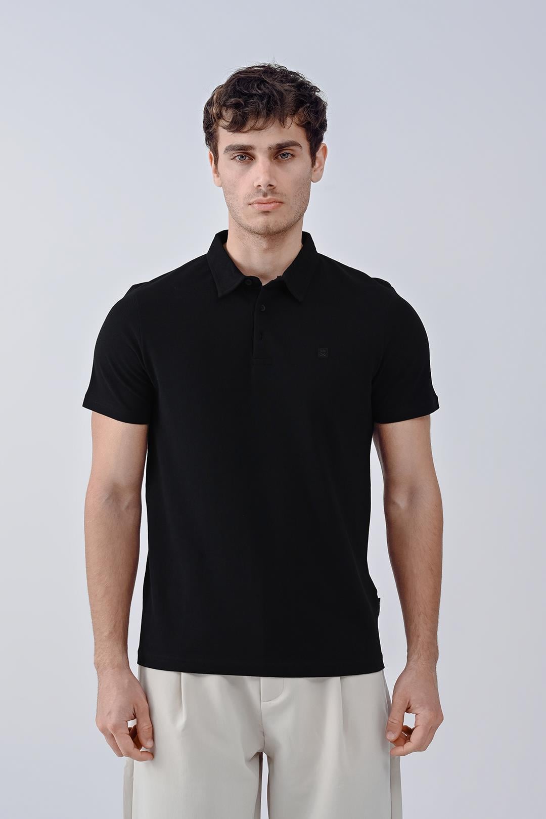 Vav Tasarım Baskılı Pamuk Polo Yaka T-shirt Siyah