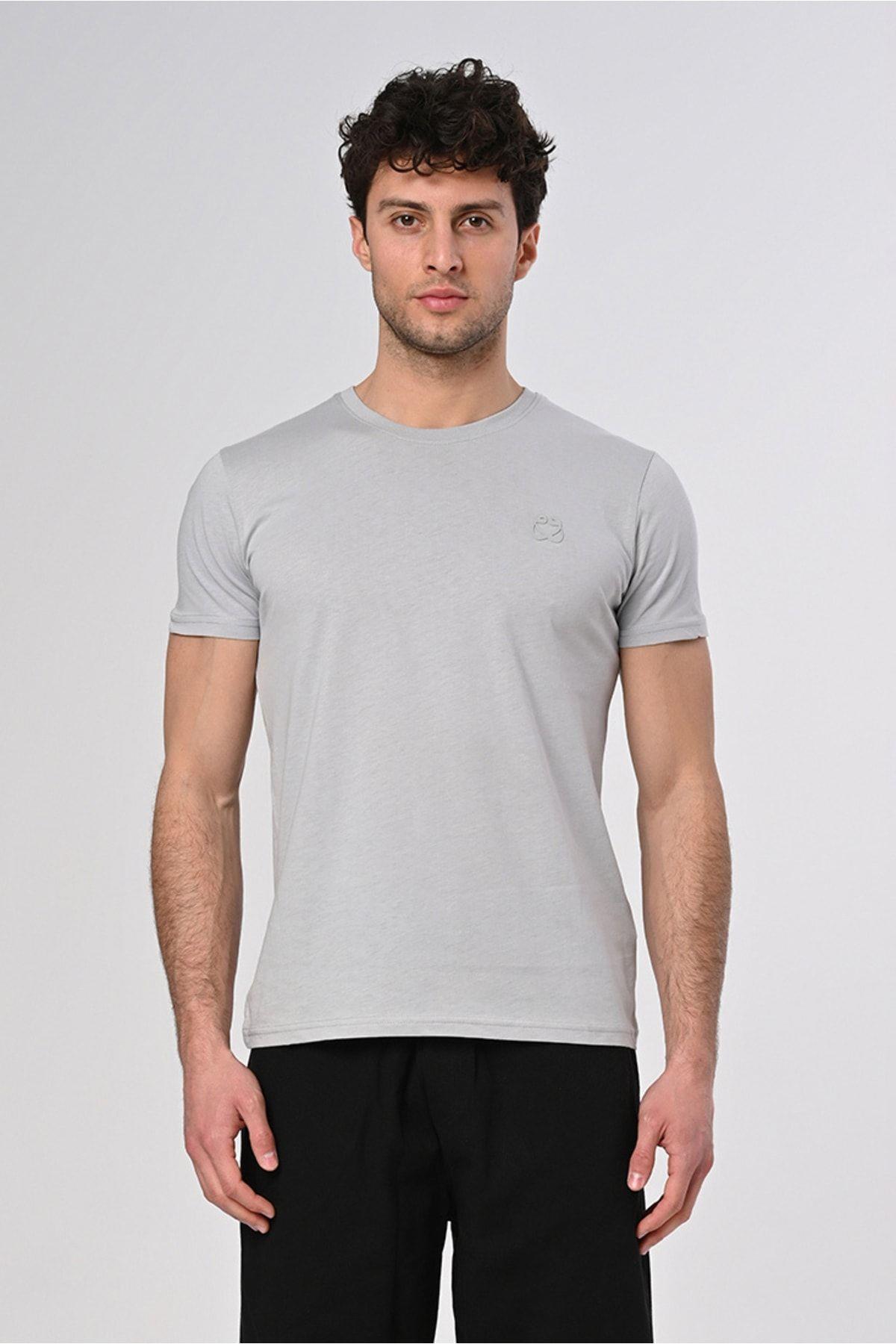 Vav Tasarım Punto Baskılı Pamuk Bisiklet Yaka Gri T-shirt 23'