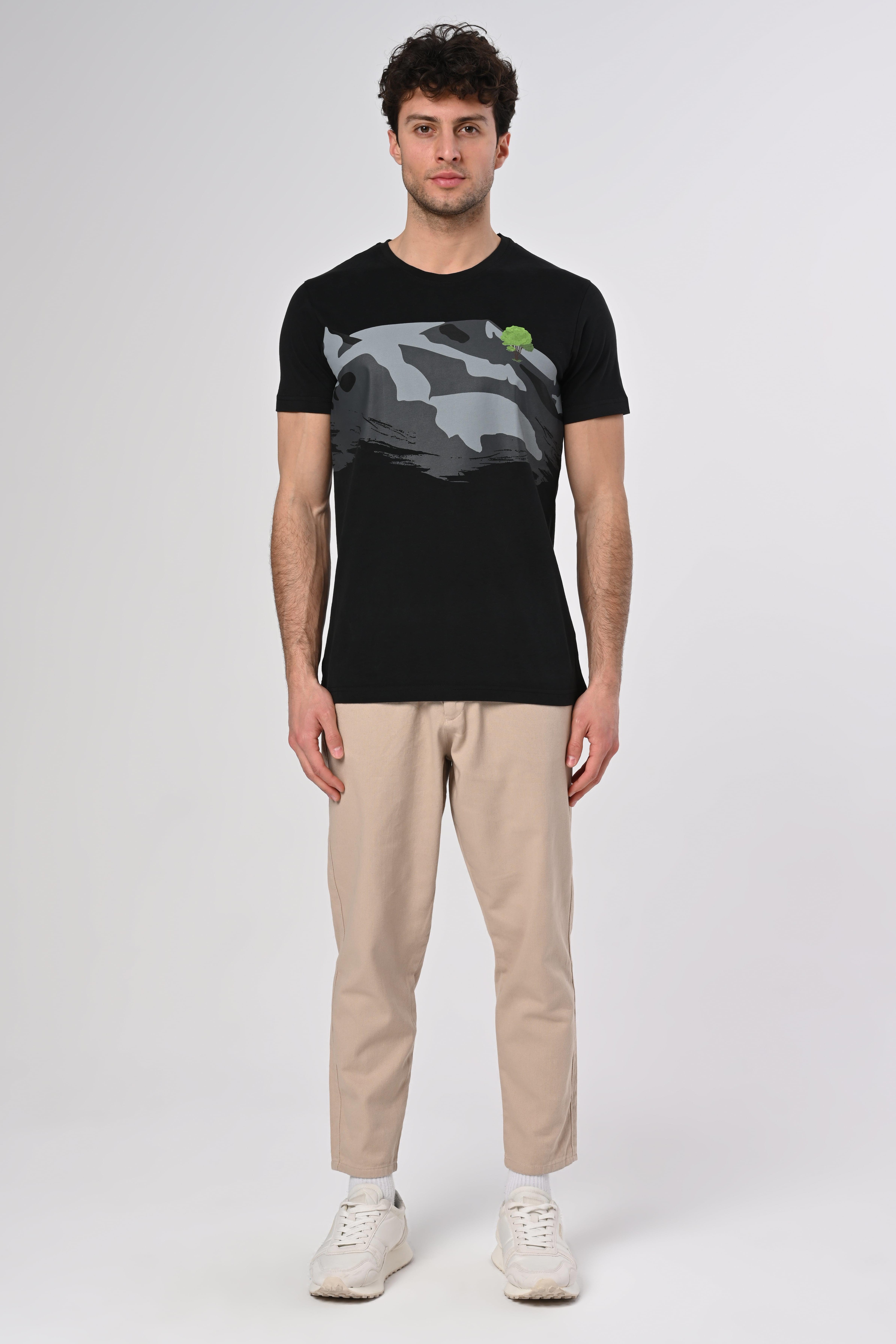 Yalnız Ağaç Tasarım Bisiklet Yaka Siyah Pamuk T-shirt 22'