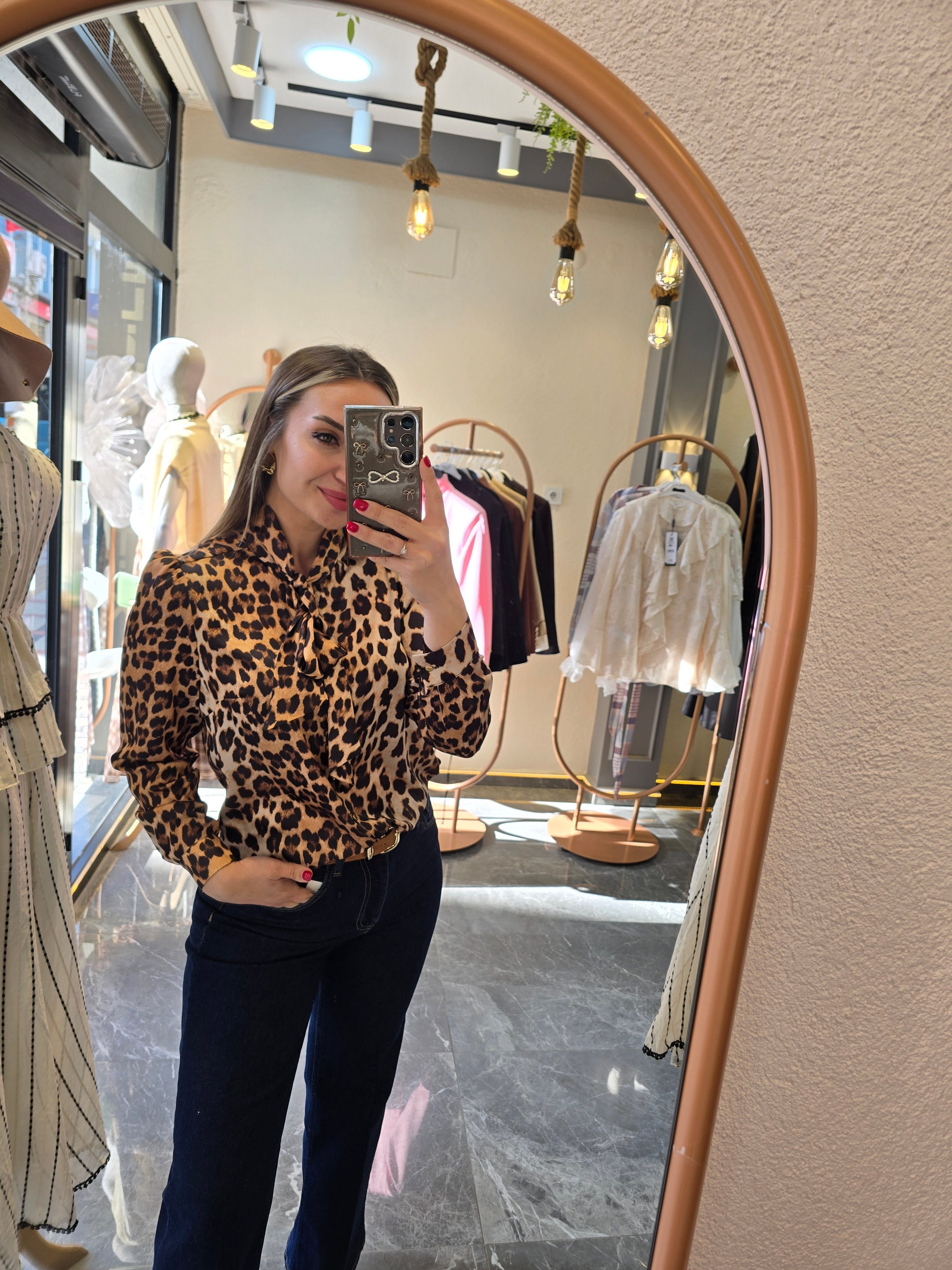 FLARLI LEOPAR SATEN GÖMLEK