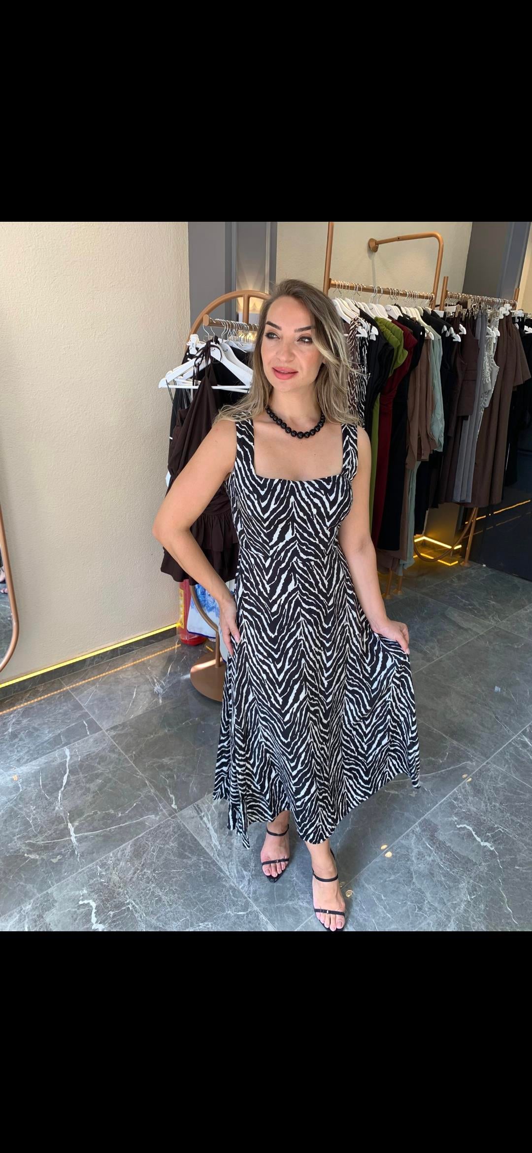 ZEBRA DESEN SANDIK YAKA PAMUK SATEN ELBİSE