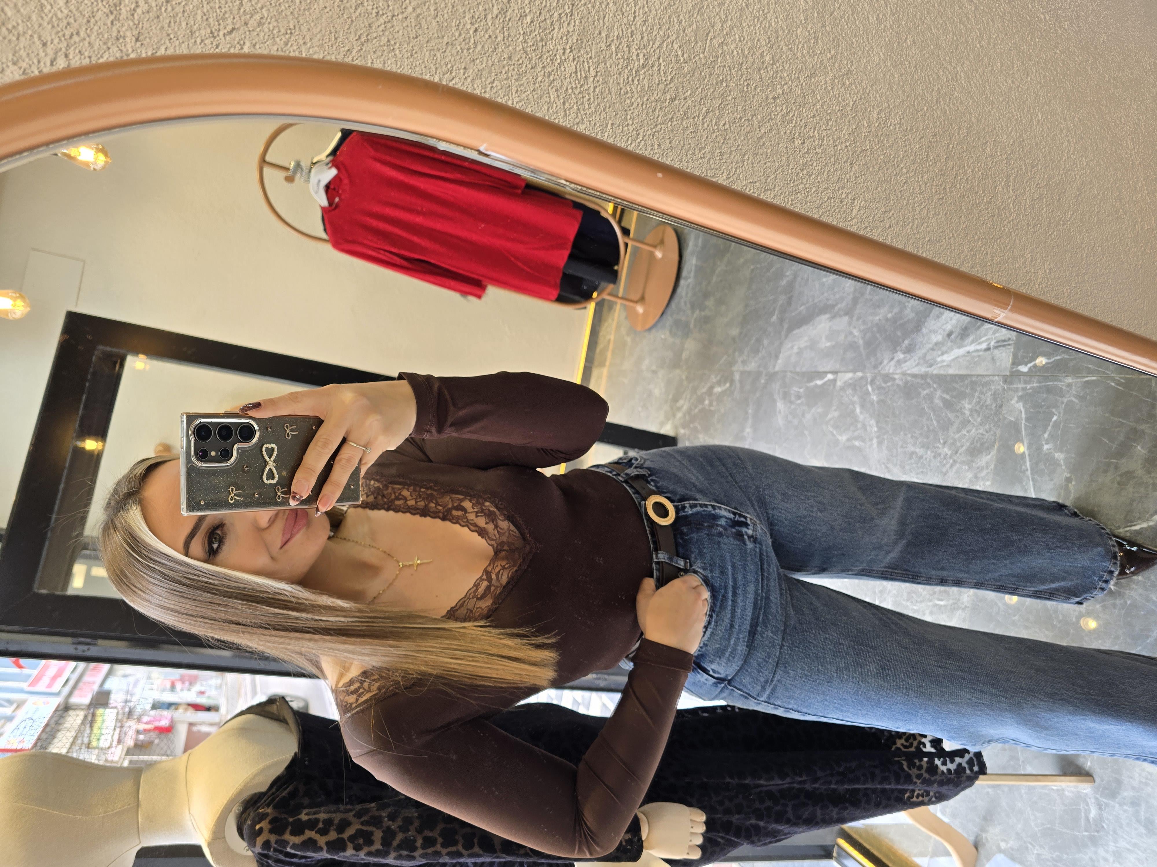 dantel detaylı kahve rengi body suit 