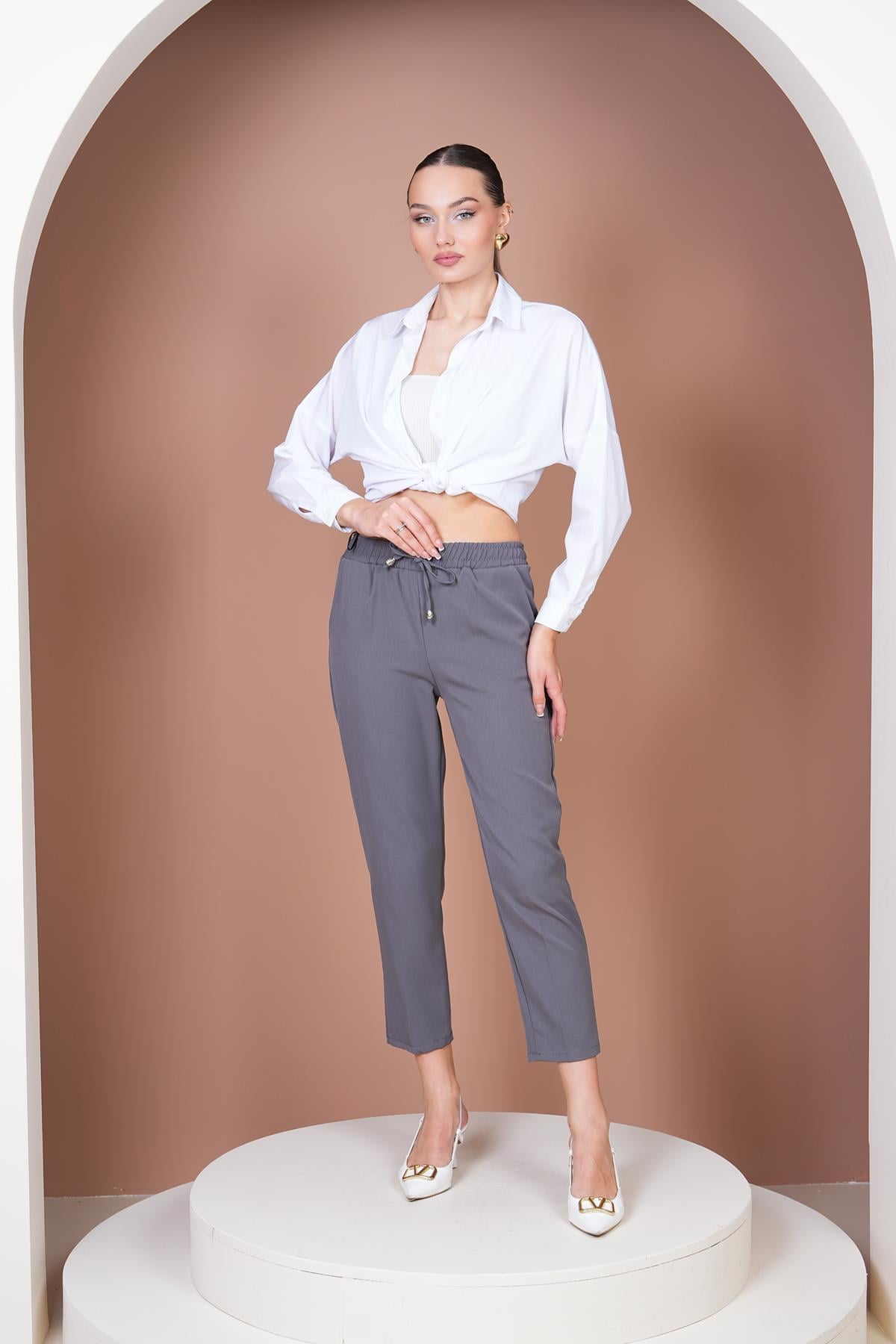 Beli Lastikli Havuç Pantalon-Antrasit Gri
