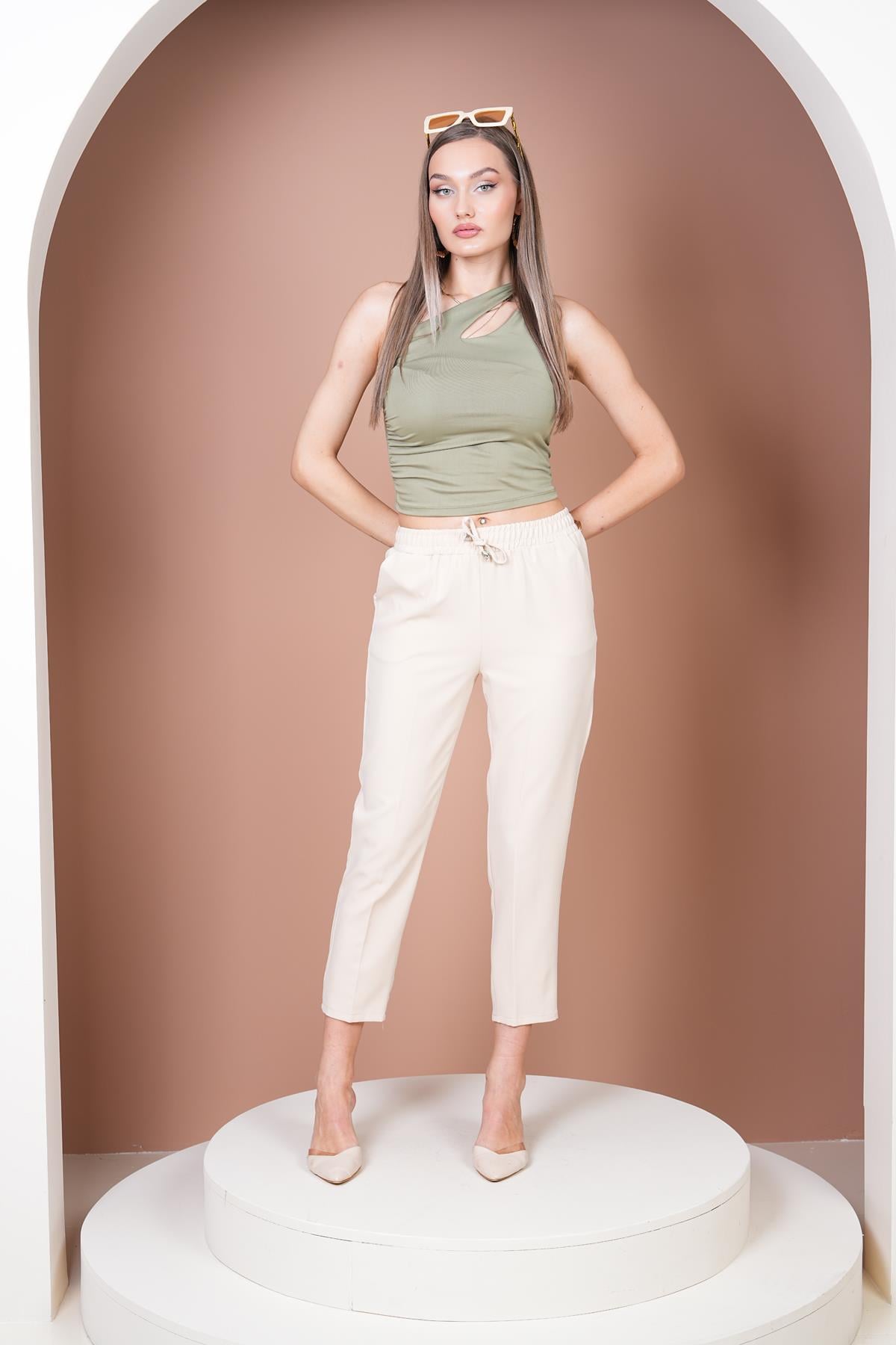 Beli Lastikli Havuç Pantalon-Ekru