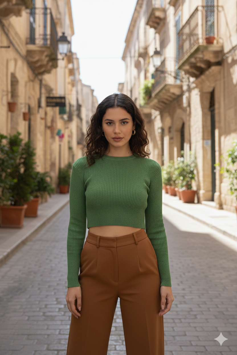 Fitilli Triko Crop - Yeşil