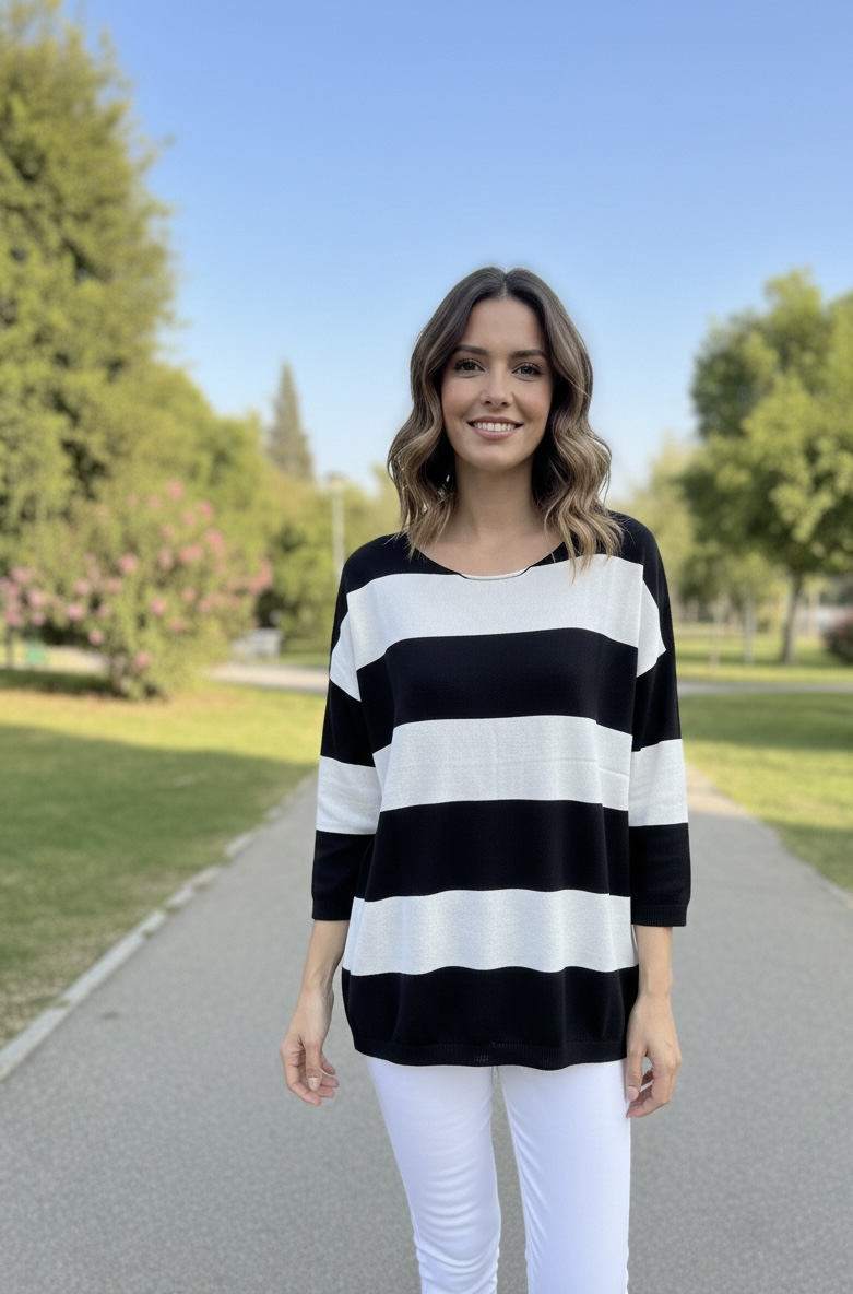 İki Renkli Çizgili Triko-Siyah
