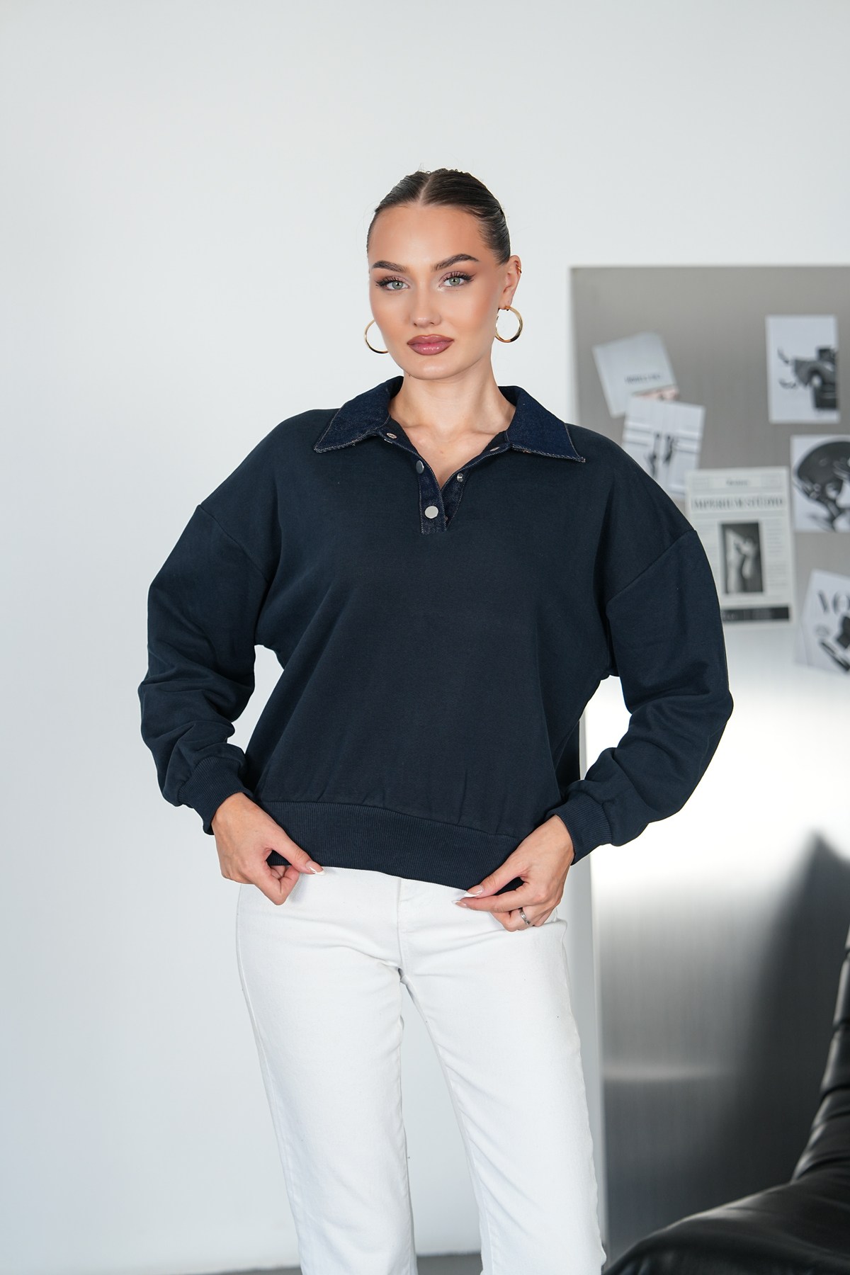 Kot Yakalı Çıtçıtlı Sweat