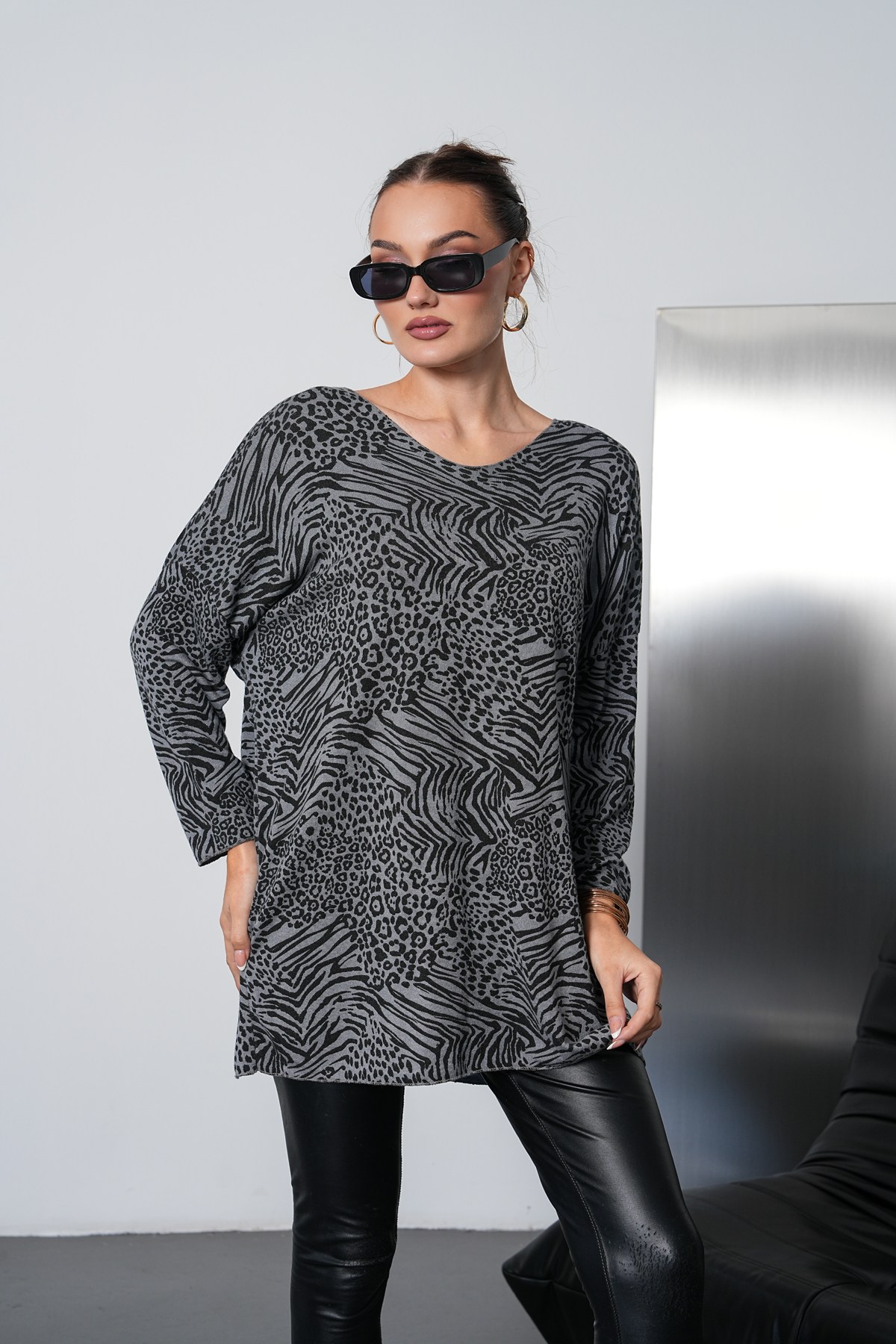 Leopar Desenli İthal Oversize Triko