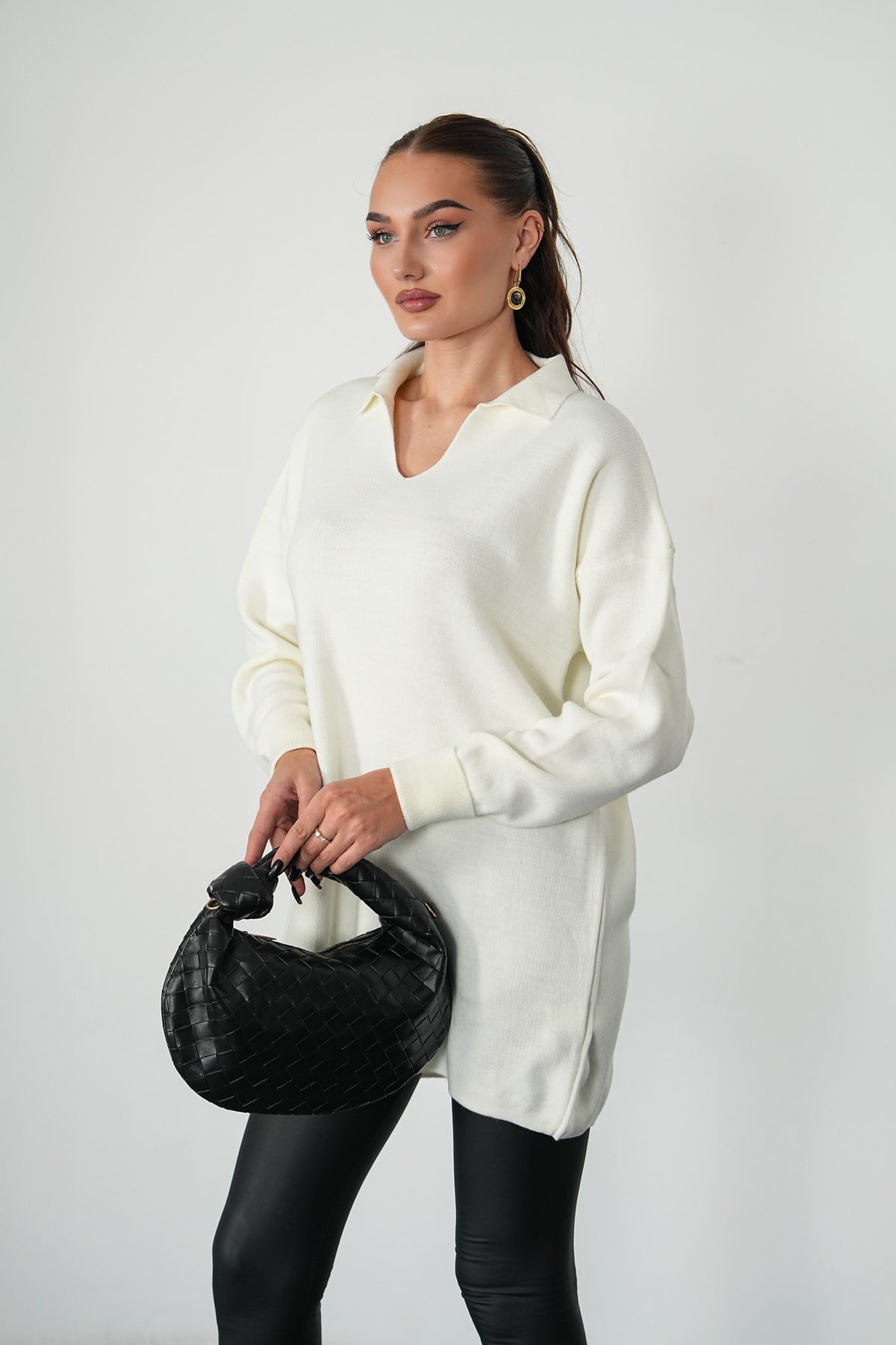 Oversize Polo Yaka Triko Kazak-Ekru