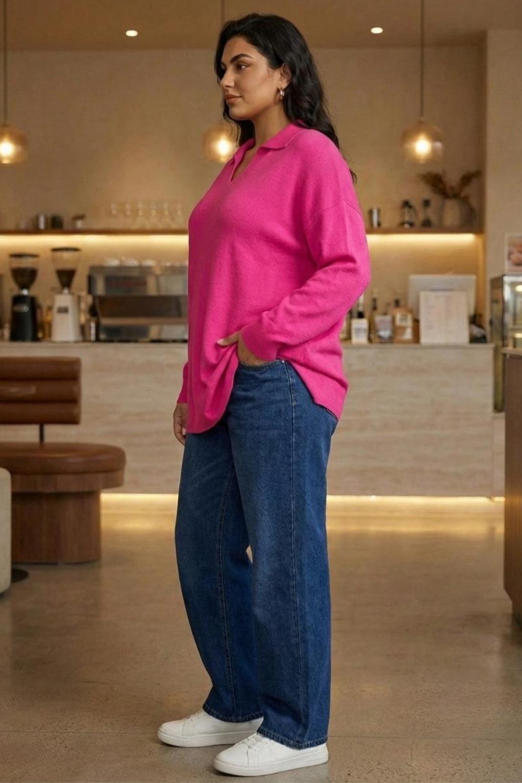 Oversize Polo Yaka Triko Kazak-Pembe