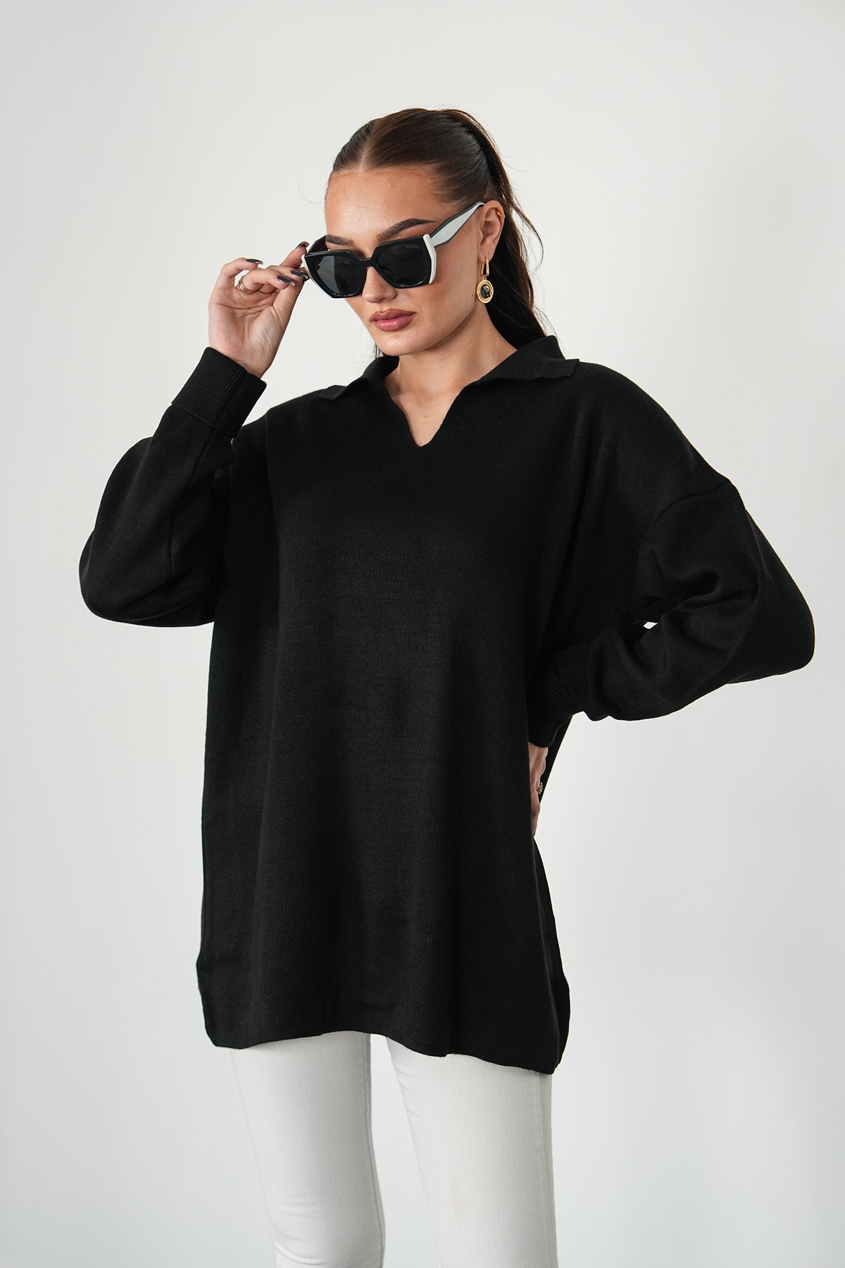 Oversize Polo Yaka Triko Kazak-Siyah