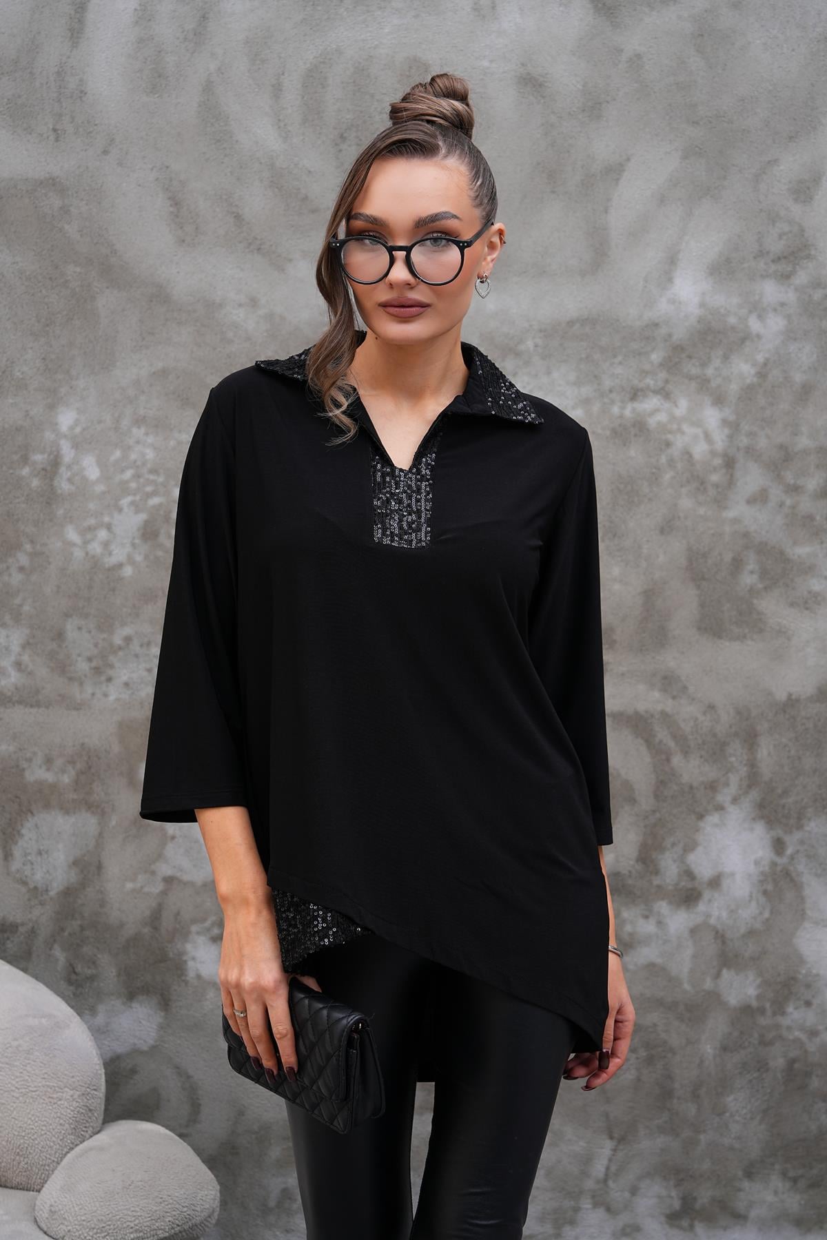 Polo Yaka Payet Detaylı Bluz-Siyah