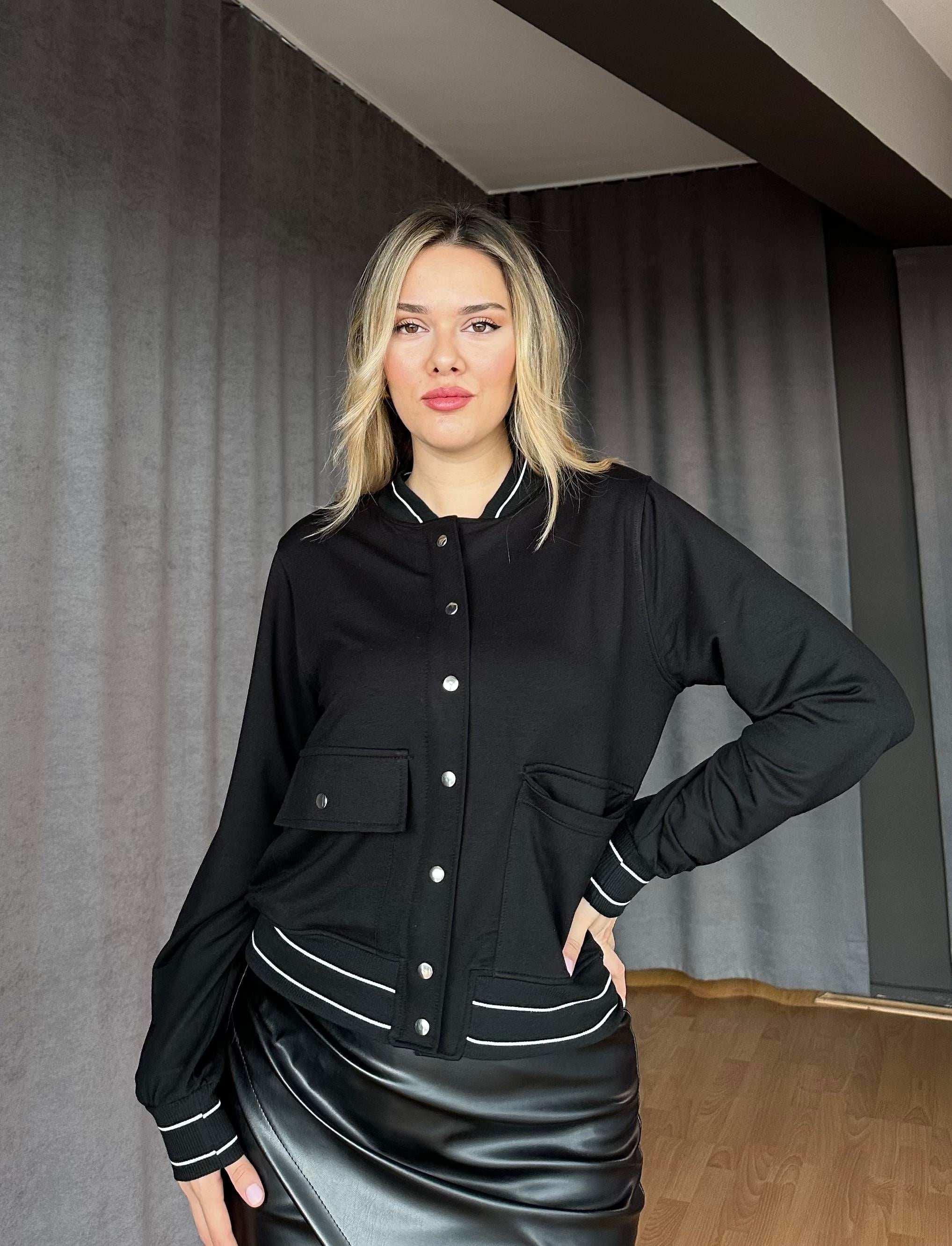 Ribanalı Çıtçıtlı Sweat Ceket-Siyah