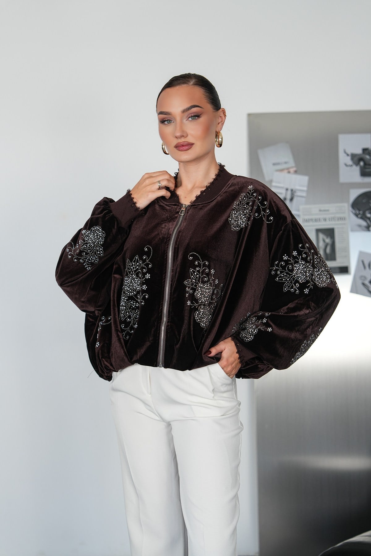 Taş Baskılı Süet Bomber Lüx Ceket