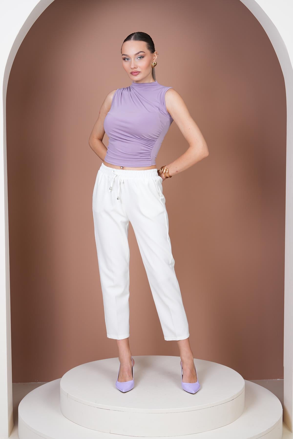 Beli Lastikli Havuç Pantalon-Beyaz