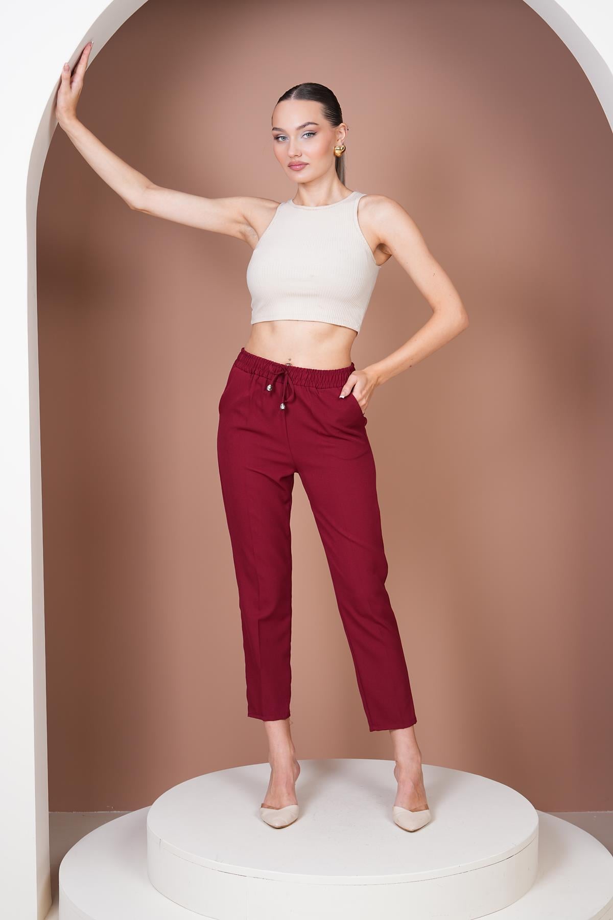 Beli Lastikli Havuç Pantalon- Bordo